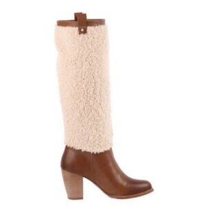 UGG Cream Shearling Shaft Brown Leather Heel Knee Boots